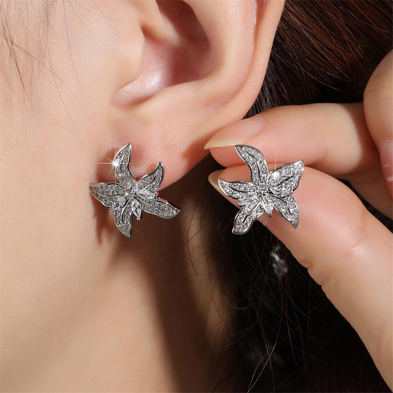 ZAKOL Sliver Color Shiny Tiny Zircon Starfish Lily Flower Shape Stud Earrings Luxury Bridal Wedding Zircon for Women