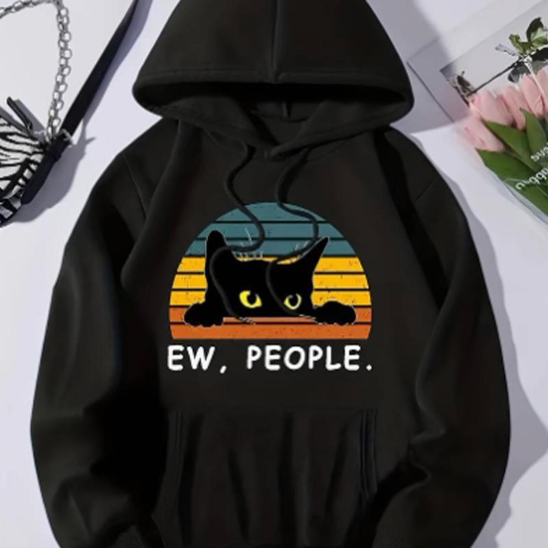 Womens Colorful Striped Cat Print Loose Hoodie Tops Blouse Sweatshirt Casual Long Sleeve Pullover Tops