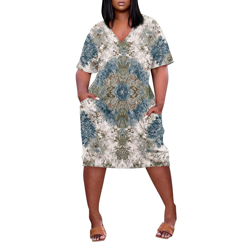Letní nadměrné velikosti V výstřih krátký rukáv ke kolenům kapsa potisk ležérní šaty pro ženy