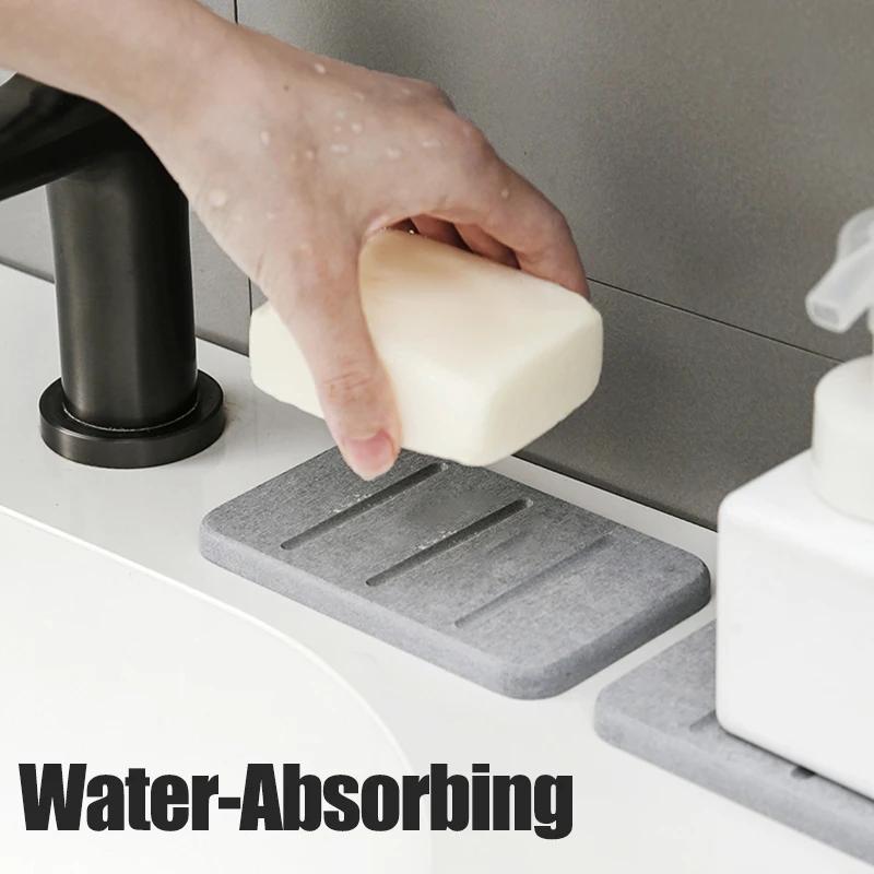 Anti-Slip Diatom Mud Soap Dish Quick-Dry Absorbent Rectangular for Bathroom Countertop Sink Toilet Soap Holder Pad Mat Supplies