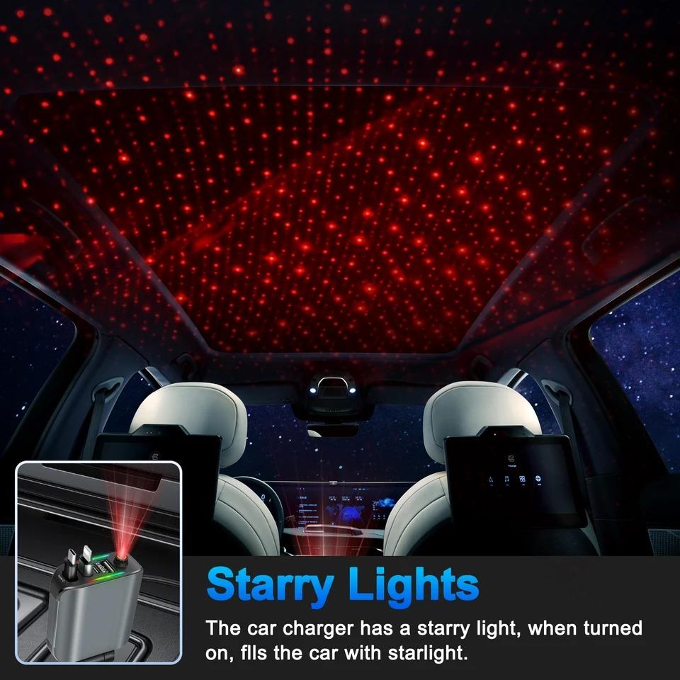 NEW 4 In 1 Retractable Fast Car Charger with Starlight Roof Phone Charger,120W USB C Adapter,2 USB Ports Phone Car Chargers For iPhone Samsung
