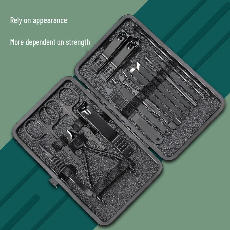 18-Piece Black Stainless Steel Nail Care Set: Clippers, Pedicure Tools, Tweezers, and Blackhead Removers