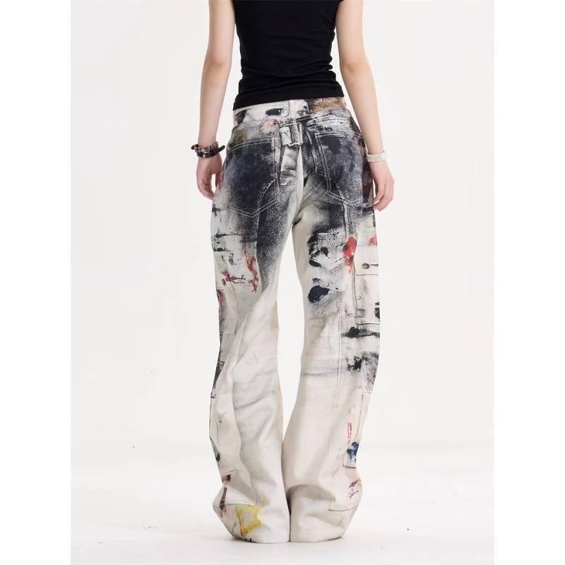 

Жіночі прямі джинси JYL Американський вінтаж Графіті Панк Пустка Брудні джинсові штани M яскраво-зелений колір