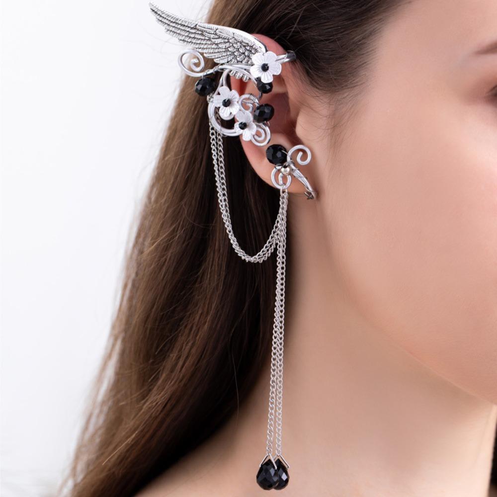 Left Ear Right Ear Zinc Zinc Alloy Elf Ear Clip Crystal Long Tassel Earrings Wings Ear Cuff Cosplay Jewelry