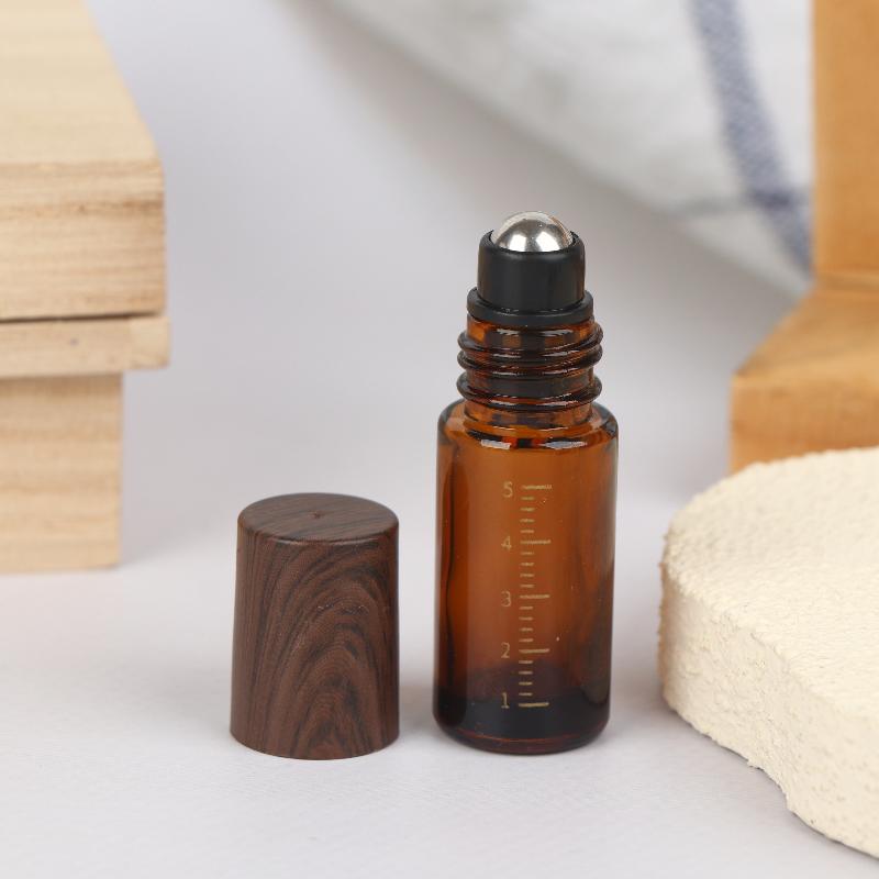 5ml 10ml Bursztynowe Przezroczyste Szklane Butelki Roll-on Plastikowa Nakrętka Imitująca Drewno Próbne Buteleczki z Kulka do Olejków Eterycznych Perfum
