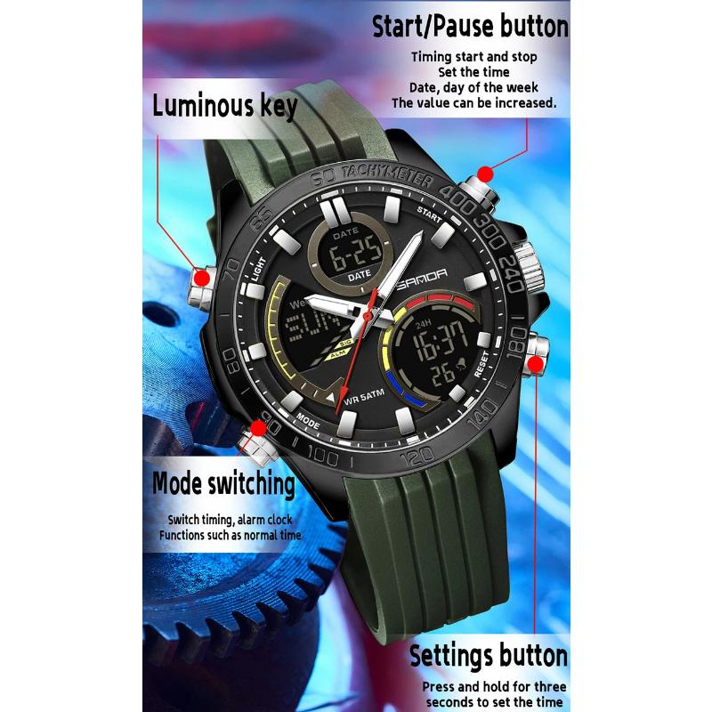 SANDA Luxury Men Electronic Quartz Watch Chronograph Double Display Waterproof Man Digital Wristwatch Military Sport Male Clock