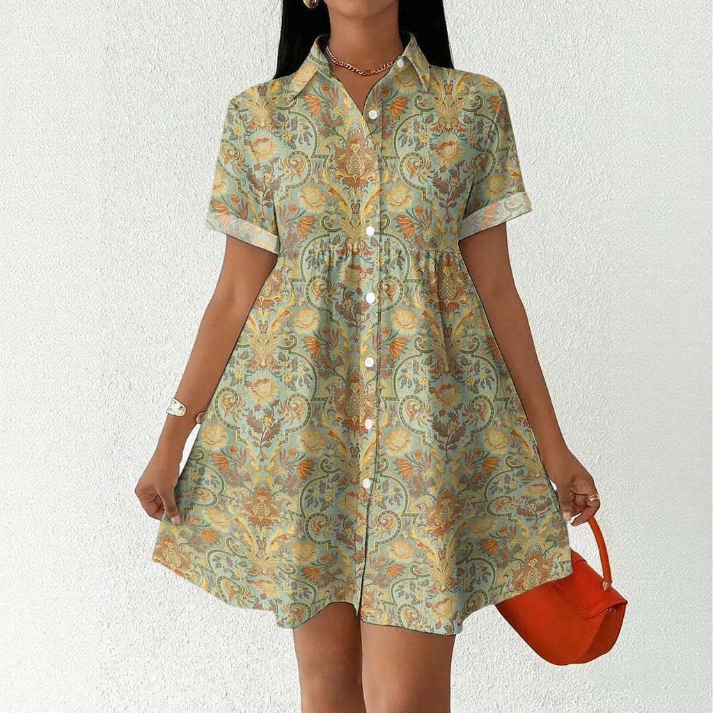 Casual Loose Fit Shirt Dress with Button Front and Stand Collar Short Sleeve Printed Summer Dress for Women