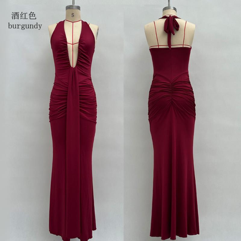 New solid color elegant neck deep waist long dress sexy backless streamer fishtail dress