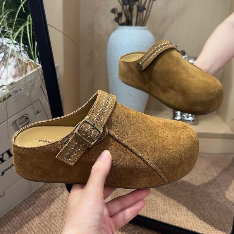 Thick bottom inner height increase two wear bag head half slippers women wear new autumn retro Boken slippers