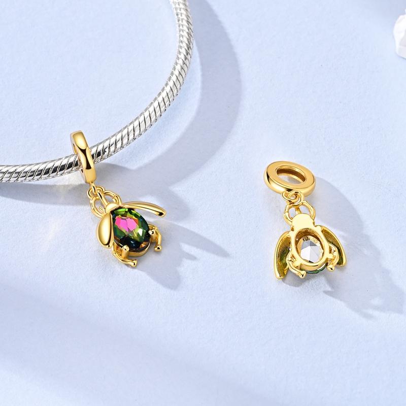 925 Silver Golden Charms Bead Glittering Beetle Dangle Fit Bracelet DIY Women Jewelry