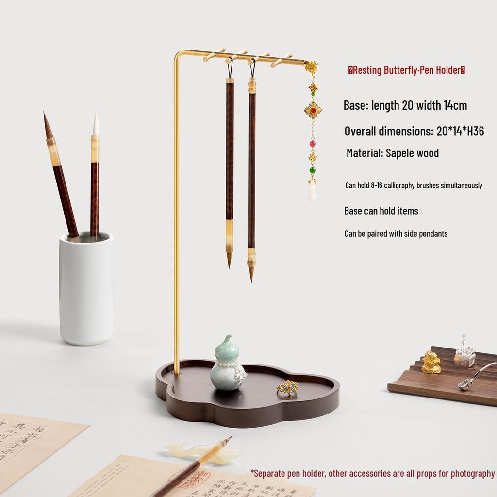 New Chinese Style Solid Wood Calligraphy Brush Holder and Tray: Four Treasures of the Study Display and Storage Rack.