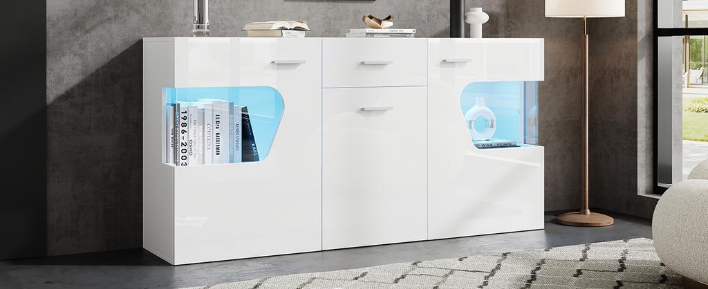 140*33*70cm living room sideboard, chest of drawers with 3 doors, high-gloss cabinet with LED light strip, tempered glass, white