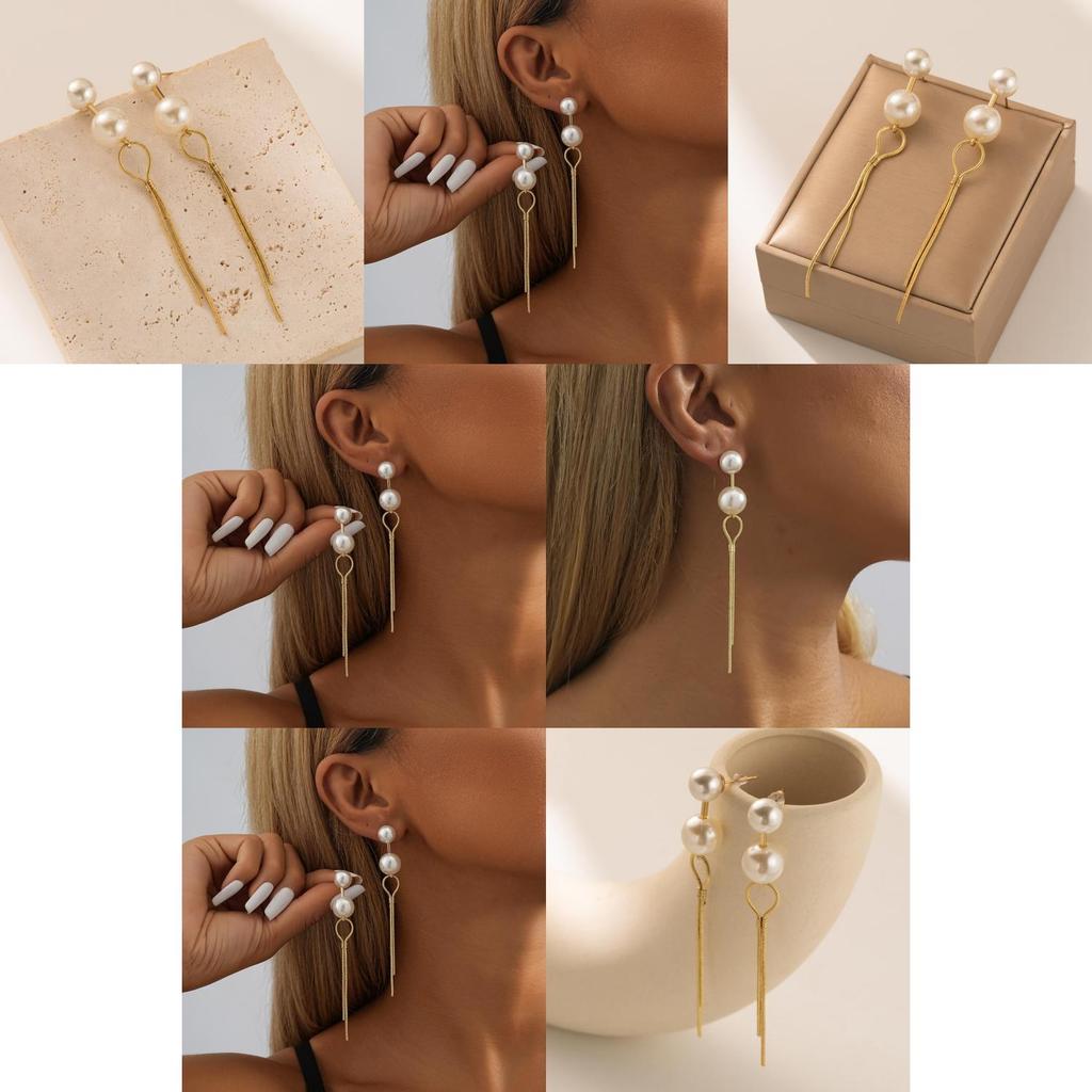Long Chain Faux Pearl Earrings For Women Gold Plated Geometric Design