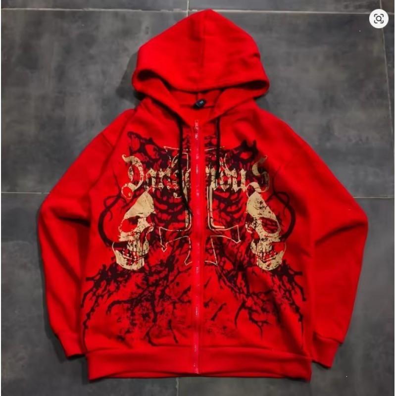 Y2K Skeleton Zip Hoodie 90s Retro Print Loose Fit Streetwear Unisex