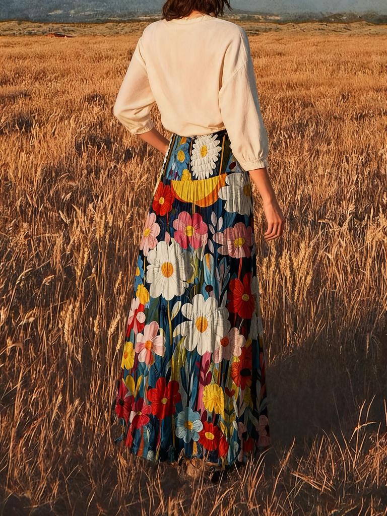 European & American Women's Floral Bohemian Half Skirt with Wide Hem & Elastic Waist