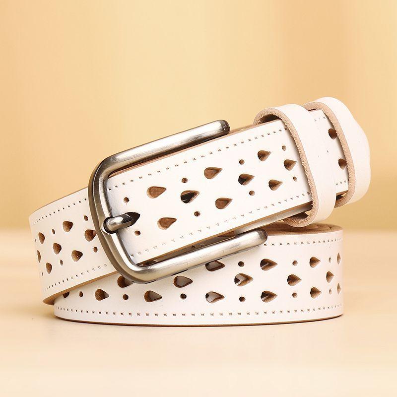 Belt Women'S Leather Premium No Punching Hollow High-End Decorative Belt First Layer Cowhide Pants Personalized Skirt