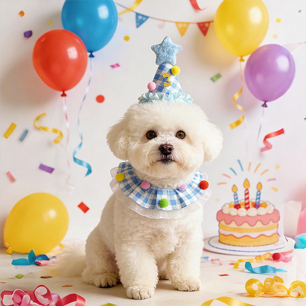 Plaid Style Pet Birthday Hat And Bandana Set Puppy Birthday Celebration Party Accessory For Dog Cat Holiday Gift Pet Supplies