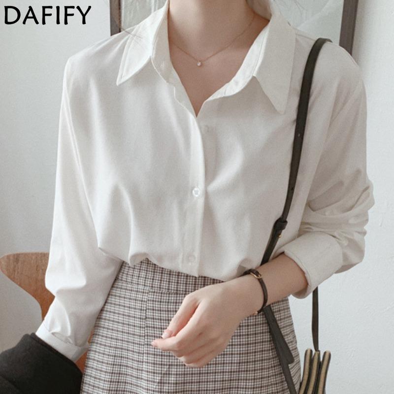 DAFIFY Women's Fashion Casual Spring Autumn Solid Color Print Long Sleeve POLO Neck Blouses & Shirts