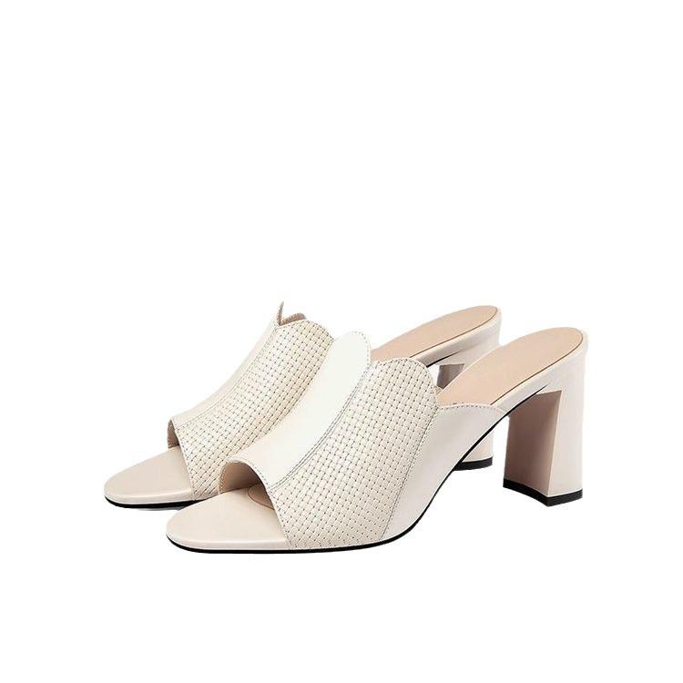 Thick Heel Cool Slippers Women's 2024 Summer New Outer Wear Versatile Soft Bottom Round Head Fish Mouth One-word Drag Women's High Heels