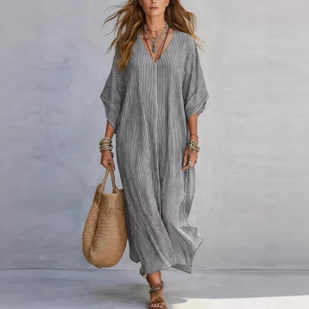 New Fashion V-neck Striped Loose Casual Long Dress for Women European American Vacation Dress