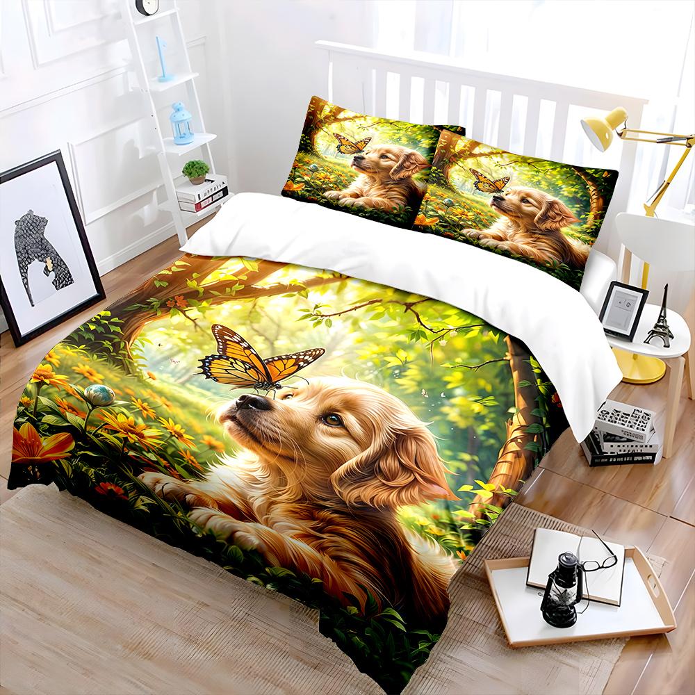 Butterfly and Dog In Sunny Forest Print Bedding Set 1 Duvet Cover 2 Pillowcases for Adult and Children Luxury Gift Full Size