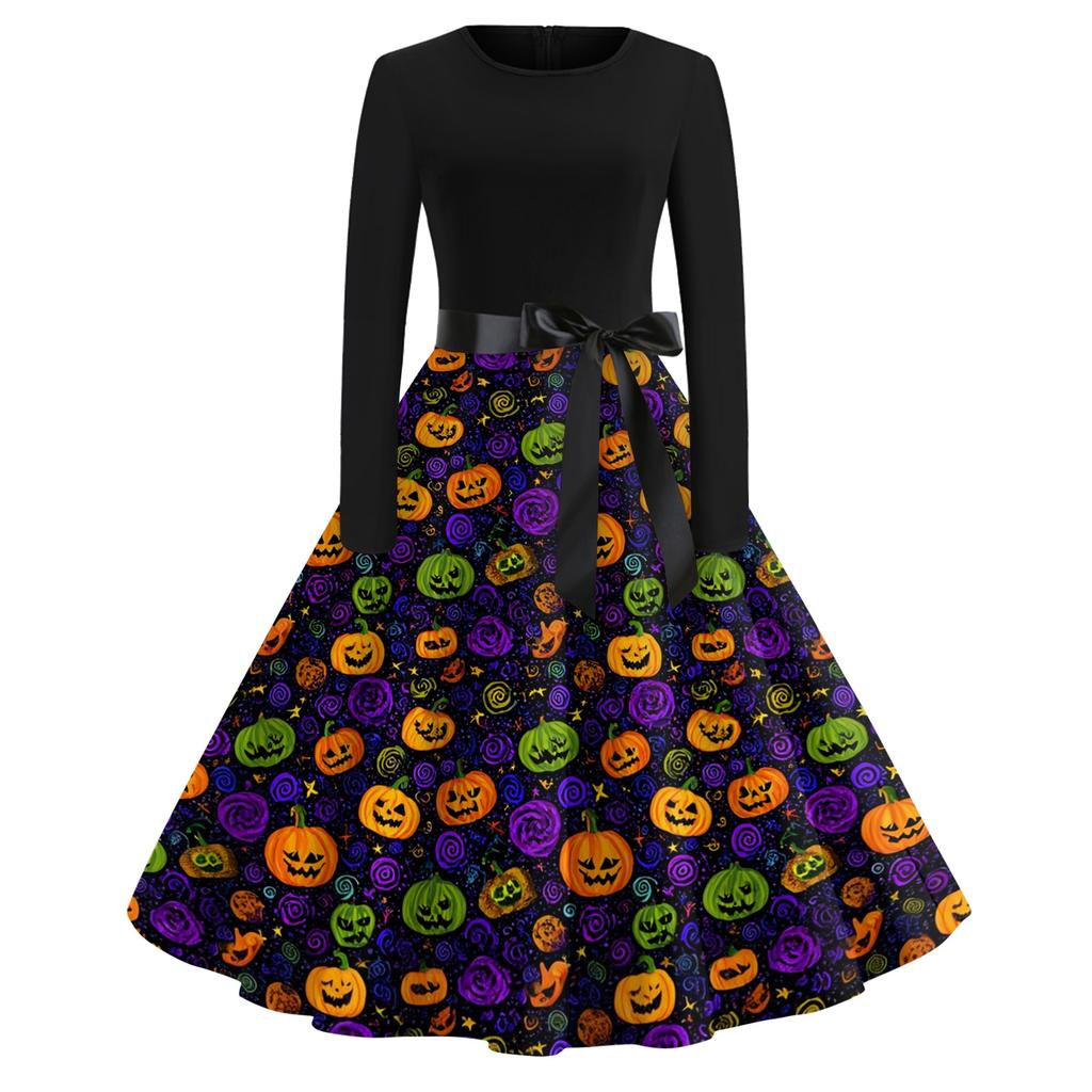 Women's Vintage Long Sleeve Round Neck Dress Halloween Printed Party Dress with Bow Waist Tie and Flared Skirt Suitable for Evening Events