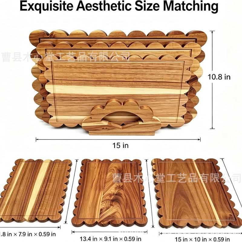 Wooden Cutting Board Set With Wavy Edge Storage Stand 3-Piece Kitchen Prep Bread Cheese Deli Home Use