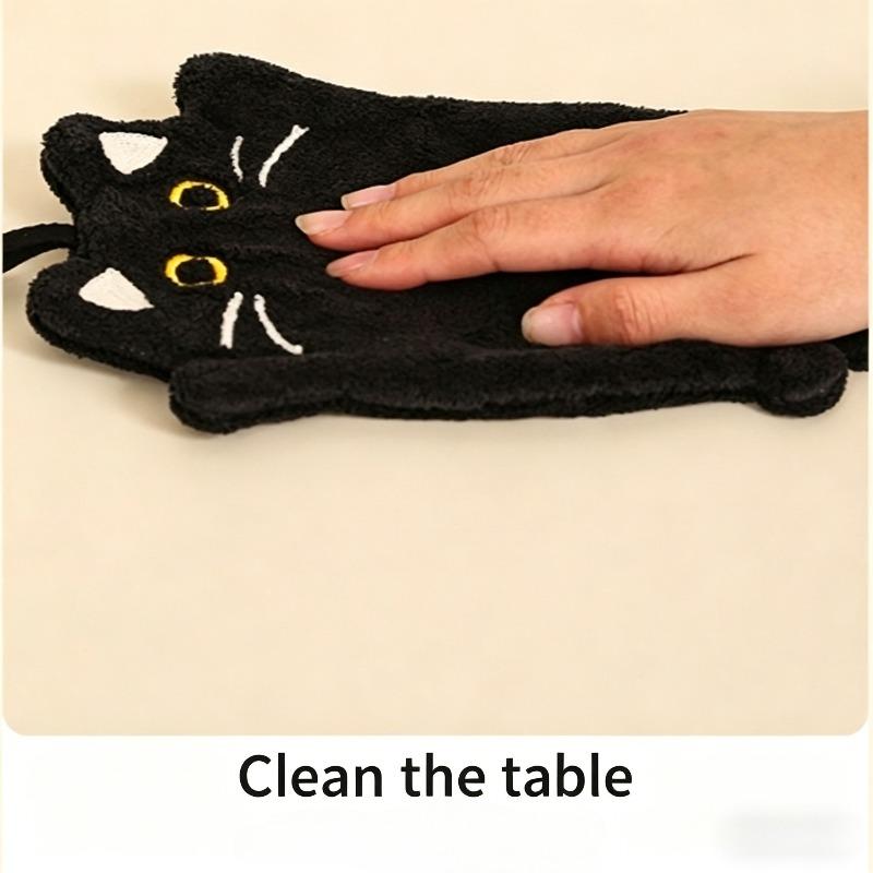 2Pcs And 1-Piece Wall-Mounted Black Cat Hand Towel, Kitchen Heat-Resistant Mat, Thickened Absorbent Coral Fleece Cleaning Cloth And Hand Towel