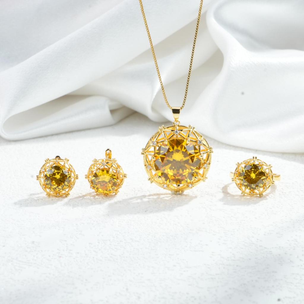 Bird's Nest Citrine Ring & Earring Set with Luxury Round Pendant Necklace - Light Luxury Colored Gemstones Collection