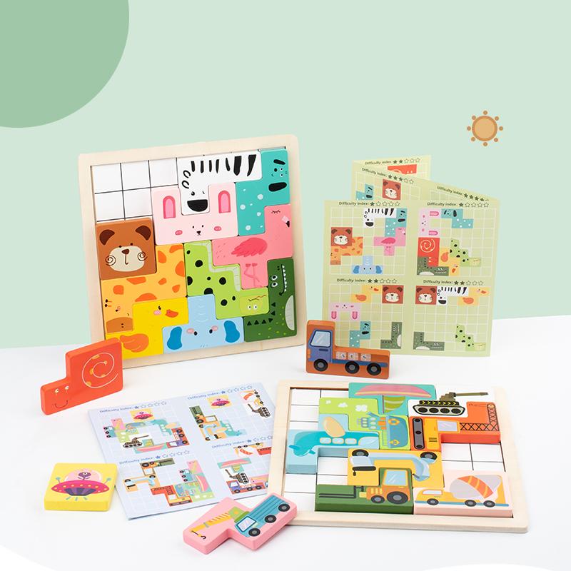 DIY Wooden Blocks Board 3D Cognitive Animal Traffic Montessori Sensory Game Educational Toys For Children Kids