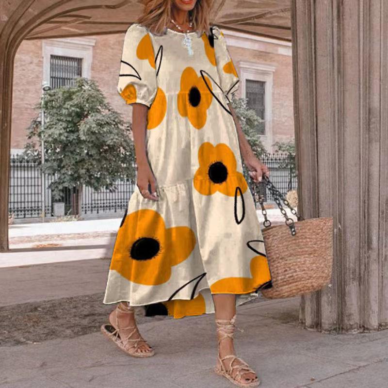 Tooxika New Holiday Casual rundhals løs midje trykt kortermet kjole for kvinner