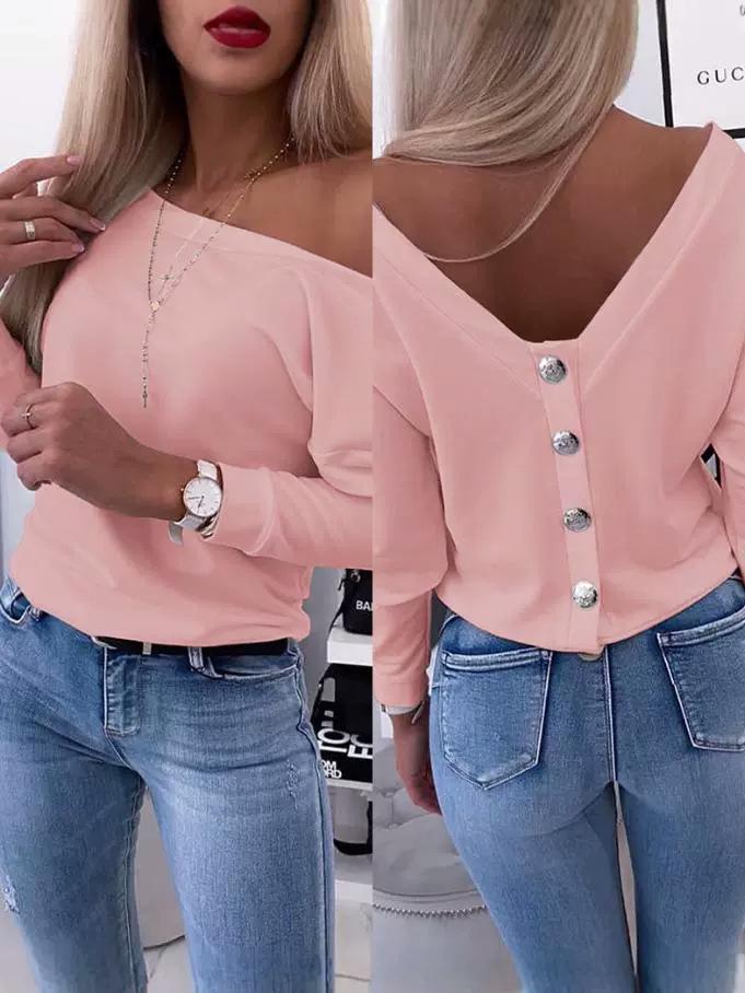2024 Women's Solid Color One-Shoulder Open Back Long Sleeve Top with Metal Buckle