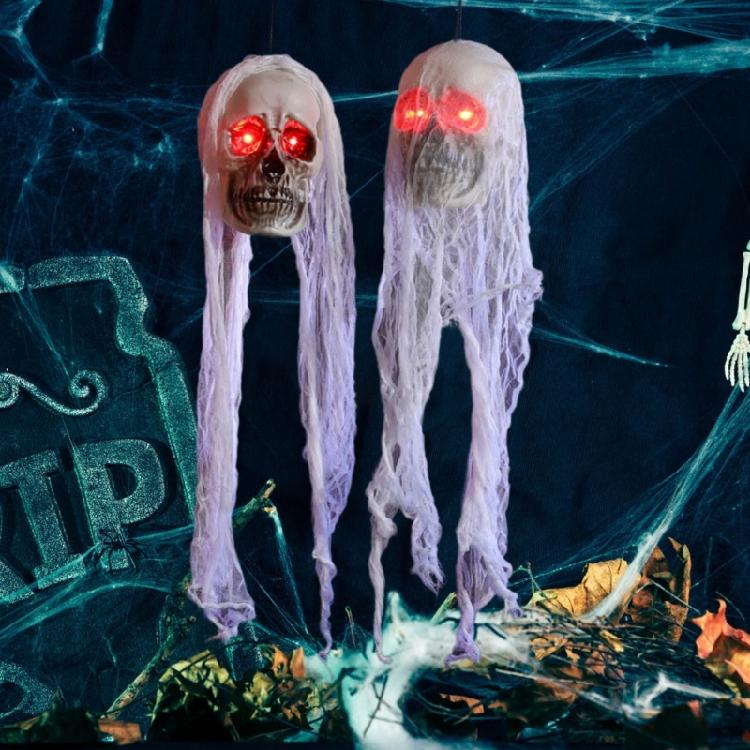 Halloween Hanging Skull with Glowing Eyes Decorations Horrific Hanging Skull Sculpture Festival Parties Decorations