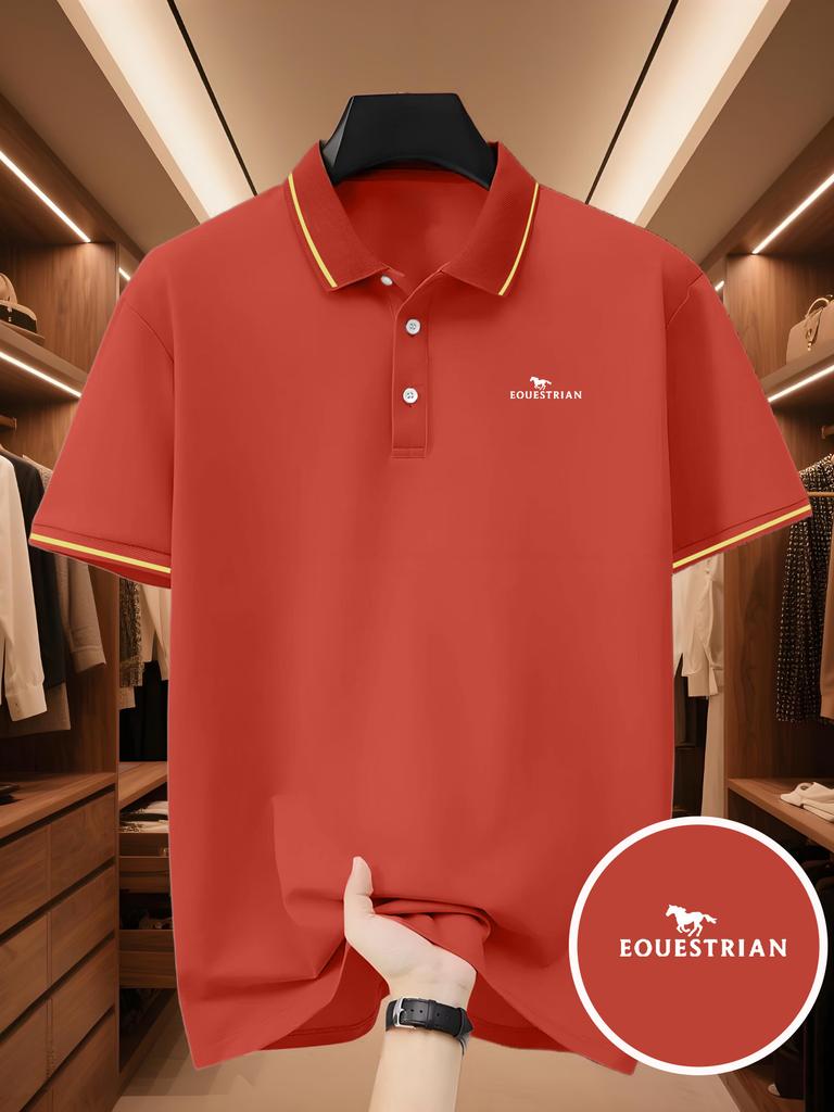 Running Horse Pattern Print, Men's Outdoor Golf Polo Shirt, Business Casual T-Shirt, Breathable Short-Sleeved Lapel for Daily Casual Wear