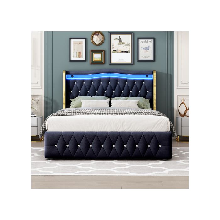 Lit rembourré - MUVOE - 140x200 cm - Pieds larges - Lumières LED - Rangement hydraulique