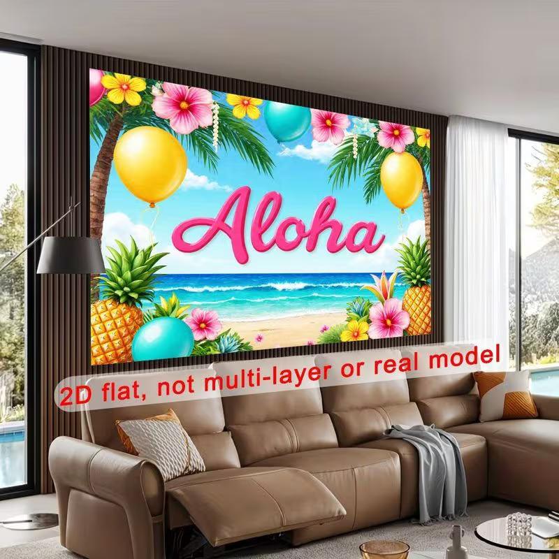 2D Luau Party Background, "Aloha" Tropical Beach & Hibiscus 2D Decor
