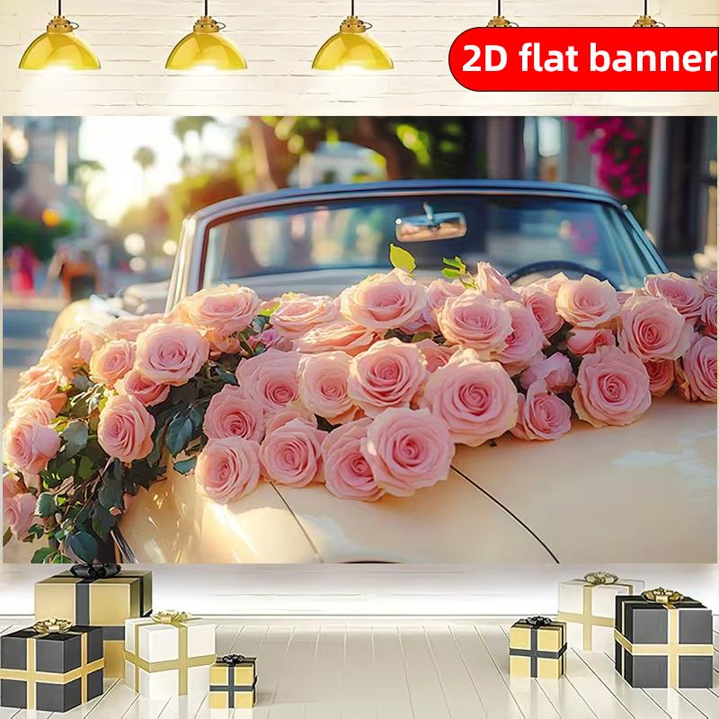 2D Flat Banner Made of Polyester Material Simple Pink Rose Pattern Party Banner Holiday Party Decoration Background Cloth