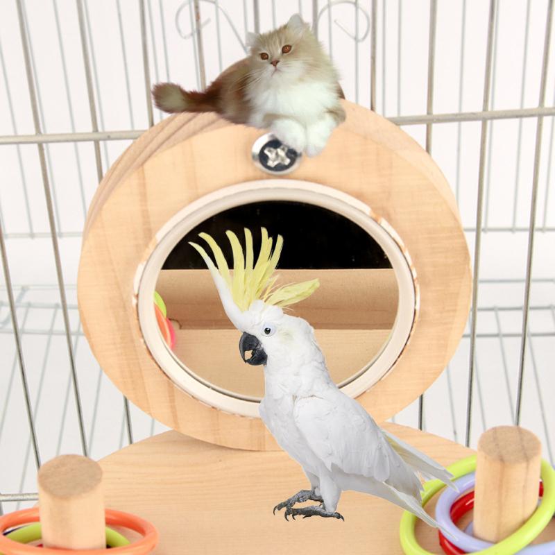 Percha con soporte para pájaros con espejo, anillos apilables, rompecabezas de entrenamiento de inteligencia, juguetes para masticar para loros