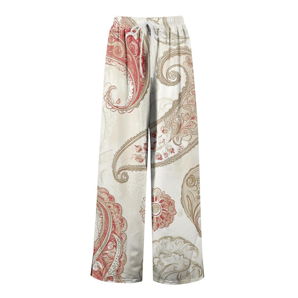 Women's Printed Wide Leg Pants With Pockets High Waist Drawstring Loose Casual Pants