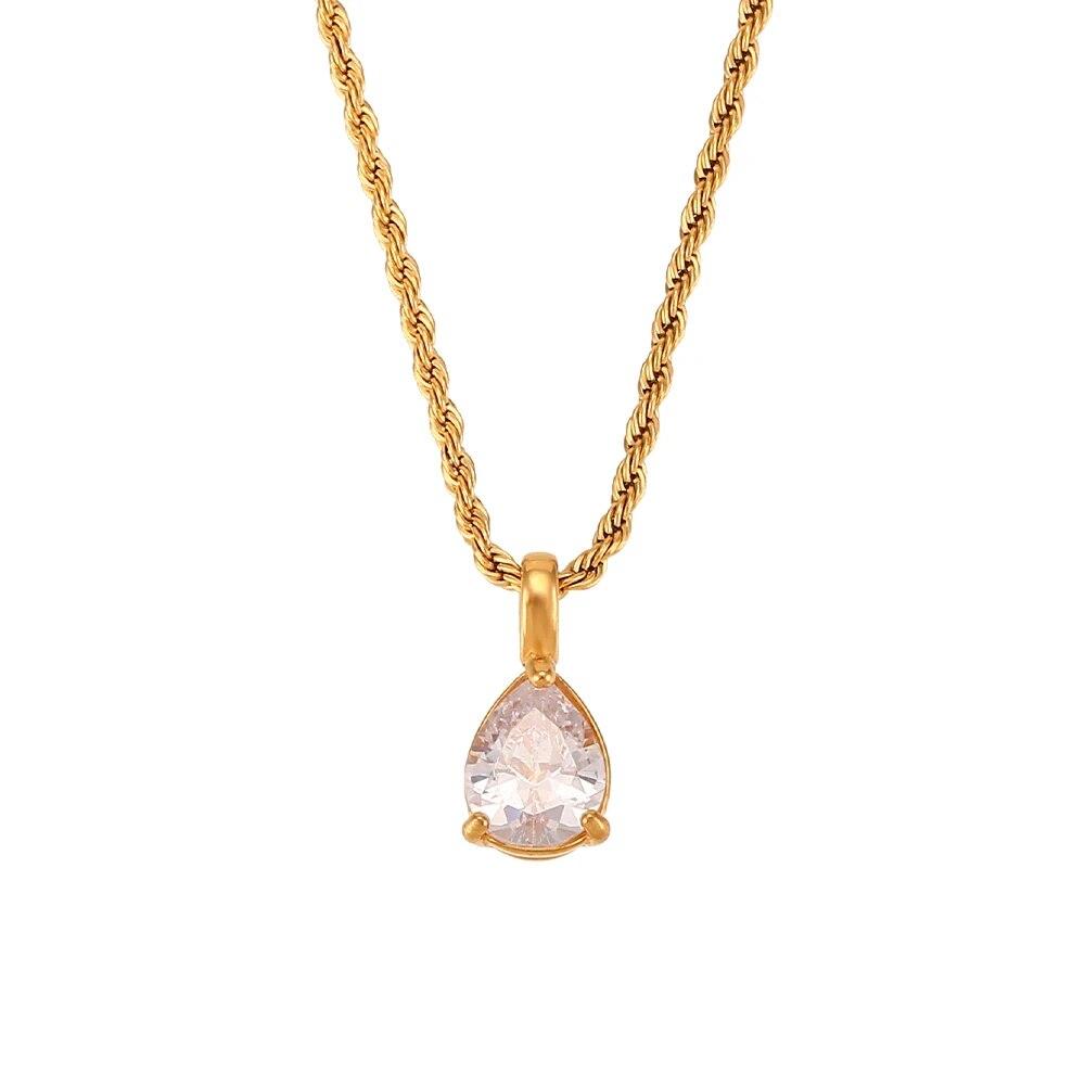 2022 Waterproof Fashion Birthstone Necklace Jewelry Gift For Women 12 Colors Zircon Waterdrop Pendant Necklace with Rope Chain