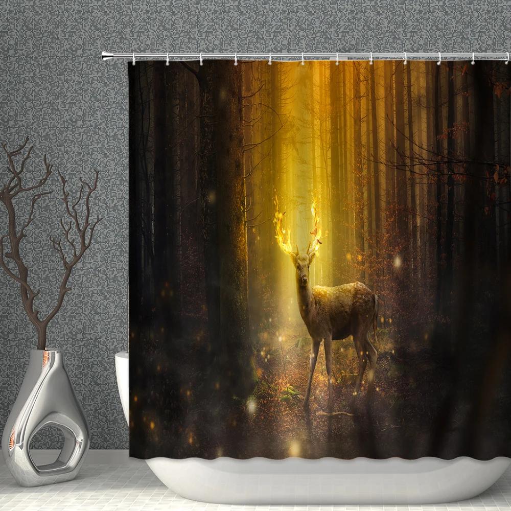 Animals Landscape Shower Curtain Set Wild Elk Forest Trees Green Plants Grassland Home bathroom Decor Hanging curtains Washable