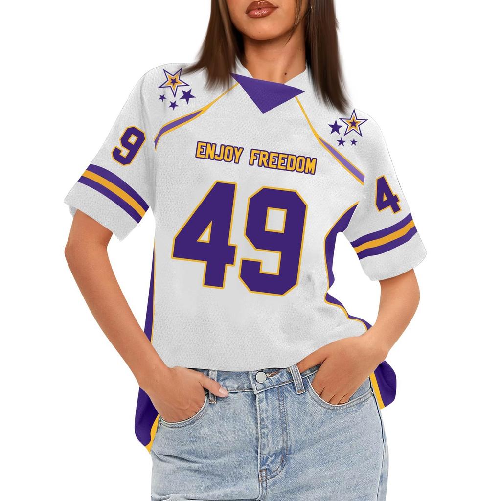 Women's Oversized Short Sleeve Mesh Football Jerseys Shirt V Neck Graphic Top Tee