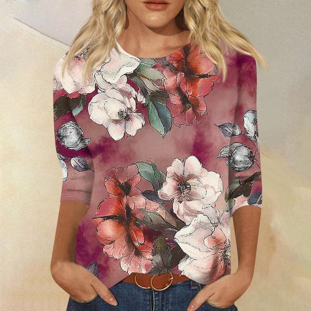 Women's Fashion Casual Round Neck Three Quarter Sleeve Printed T-Shirt Top