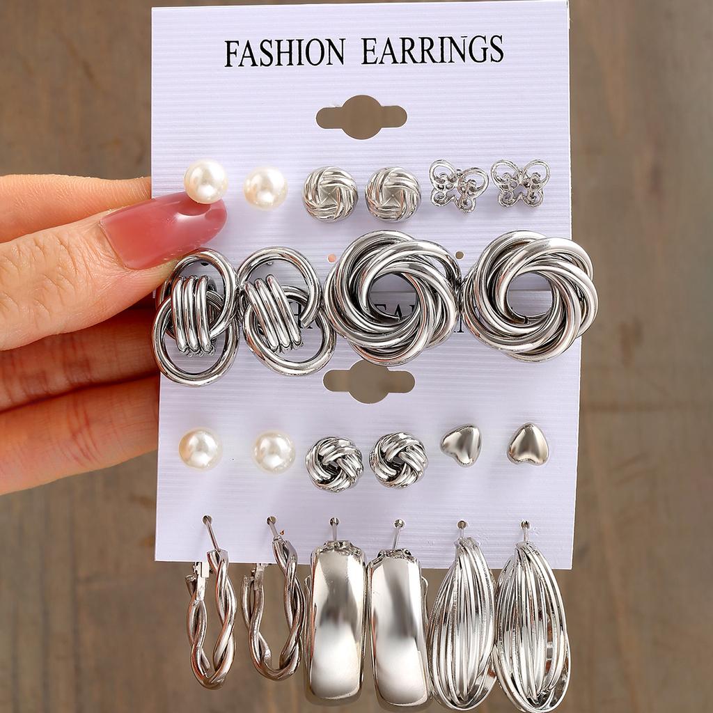 18pcs Bohemian Heart Floral Earring Sets for Women Silver Color Faux Pearl Zircon Geometric C Shape Earrings Daily Wear Jewelry