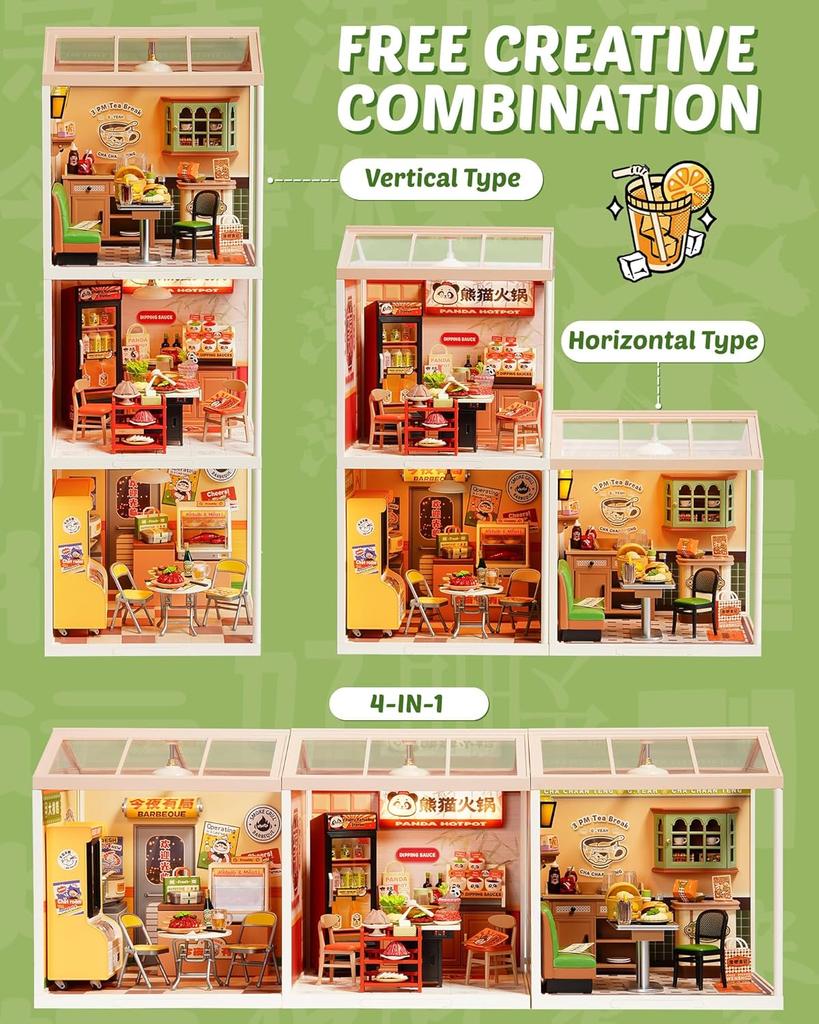 Robotime Super Creator DIY Miniature House Kit Model Kits for Adult to Build Home Desk Bookshelf Decoration Hong Kong Bites Cafe