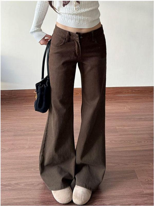 Coffee-colored slightly pulled jeans women's low waist loose wide legs do not stick to the legs flared pants women's slightly pulled thin pants