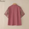 ZANZEA Women Casual Stand Collar Summer Splice Short Sleeve Blouse
