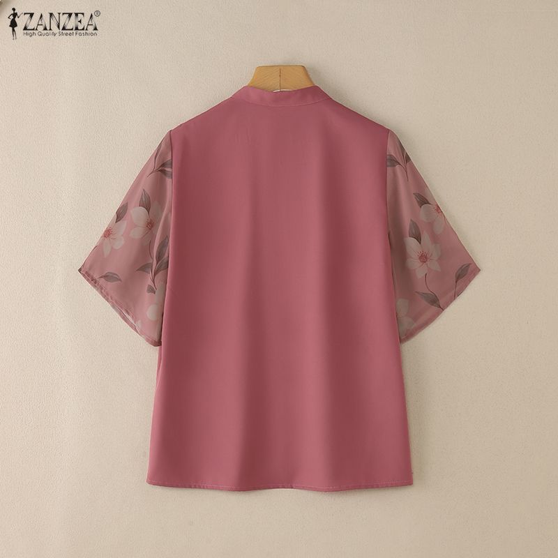 ZANZEA Women Casual Stand Collar Summer Splice Short Sleeve Blouse