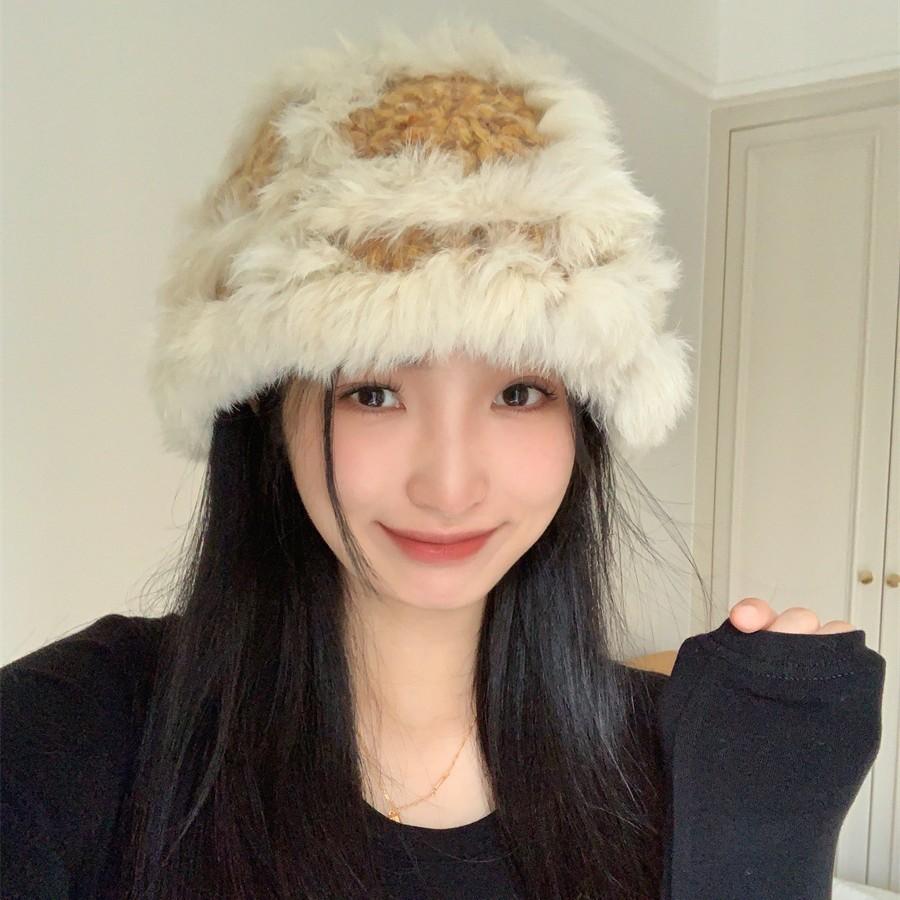Soft Waxy Rabbit Fur Warm Hand Knitted Hat for Women New Autumn and Winter Ski Sweet Lion Awakening Wool Hat