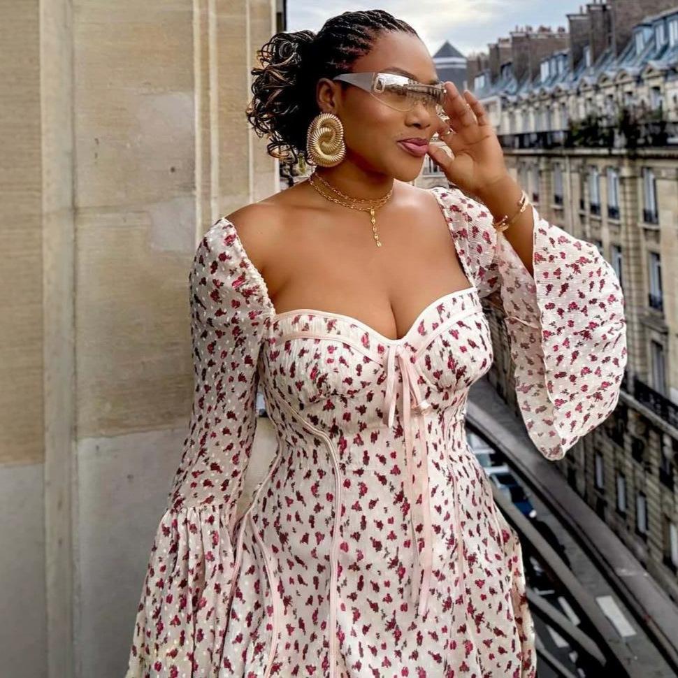 European and American new women s clothing square neck long-sleeved fashion printed dress femininity waist sexy floral short skirt children S
